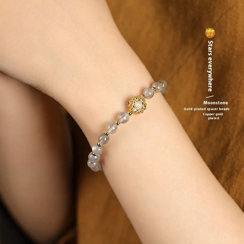 Hand-woven crystal bracelet with 6mm beads showing sun moon pastoral design in three colour options