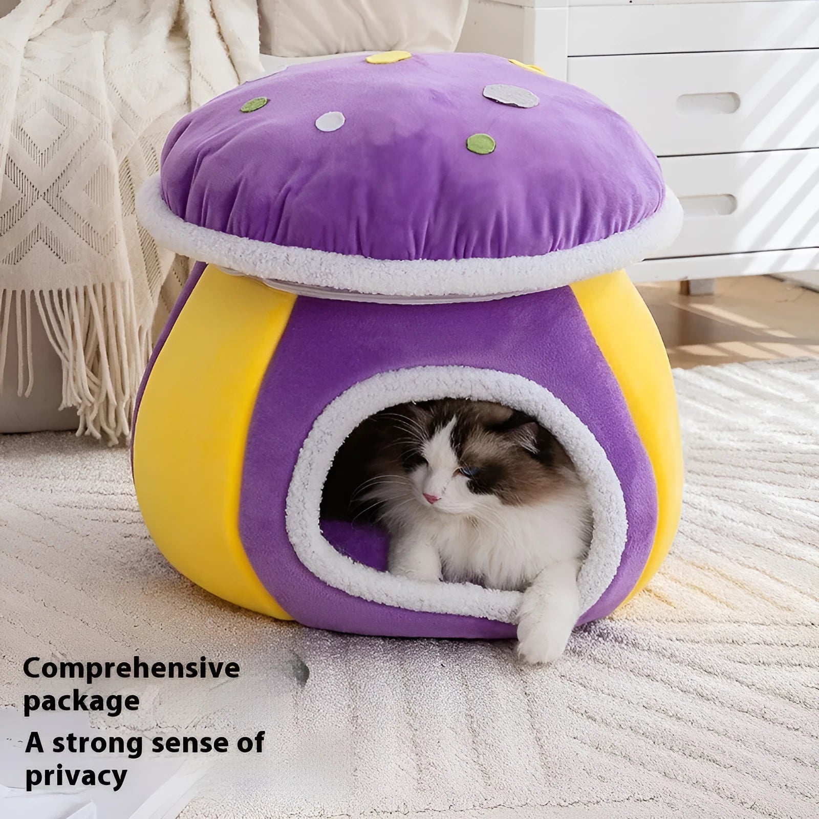 Mushroom-shaped cat nest with plush lining in grey, pink, or purple colours