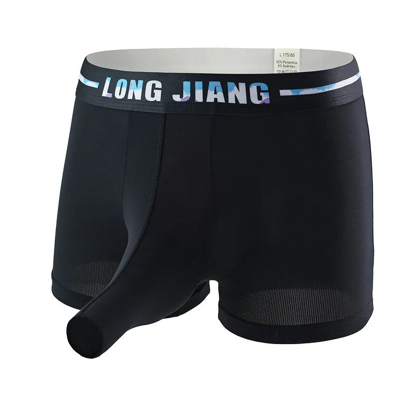Men's solid colour ice silk boxer shorts in a mid-waist design on a white background.
