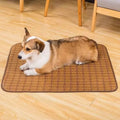 Brown rattan fibre dog cooling mat showing woven texture and multiple size options