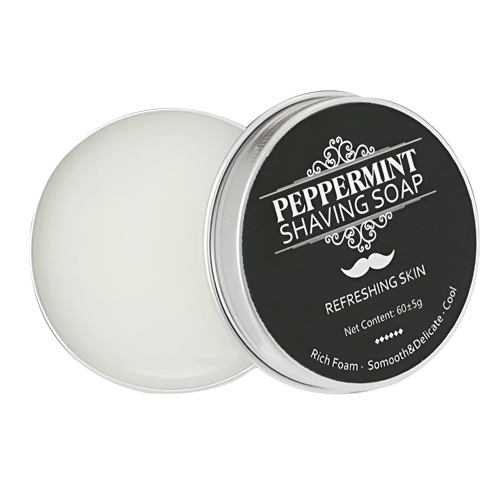 Mint scented men's handmade shaving soap in aluminium box with rich foam for smooth beard shave