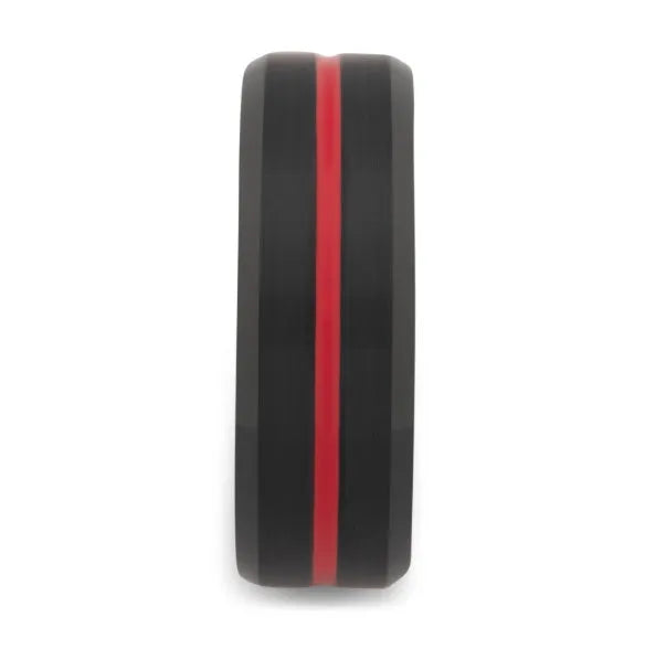 Fire Stripe Tungsten Carbide Ring with grooved ceramic inlay, polished finish, sizes 5-17