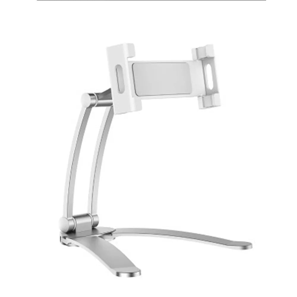 Silver aluminium alloy desktop tablet stand with adjustable holder and white mounting base on a wooden table.