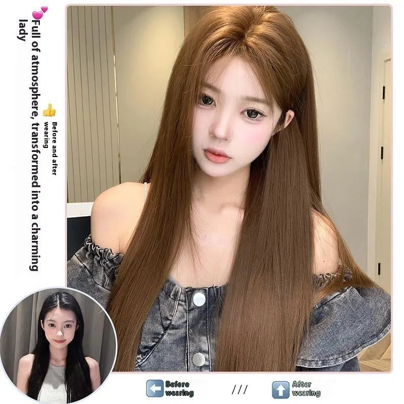 Warm brown long straight wig with centre-parted bangs and forehead lace construction