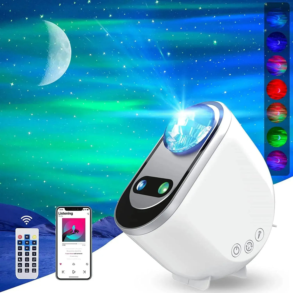 Aurora Borealis star projector lamp with remote control, white ABS body, projecting green stars and Northern Lights