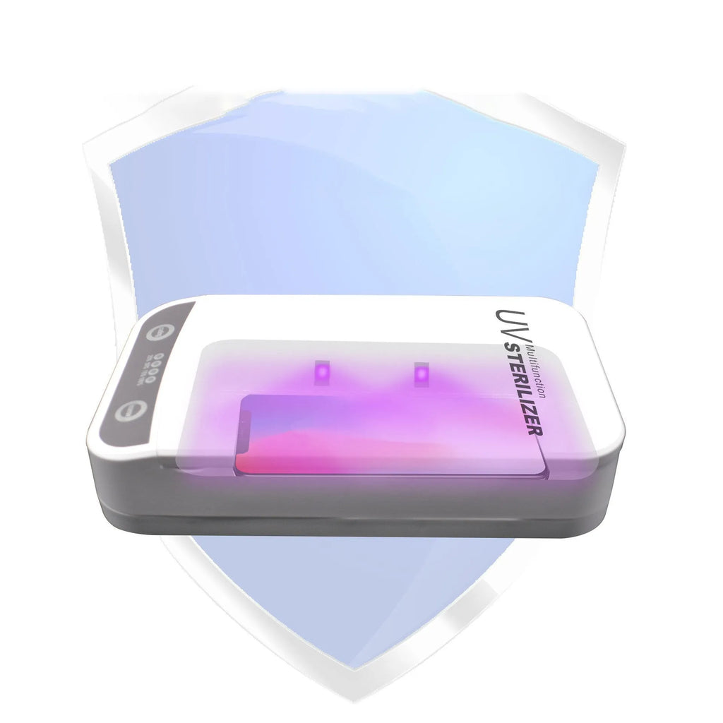 White UV disinfection box with closed lid, shown with scale indicating its 218mm length.