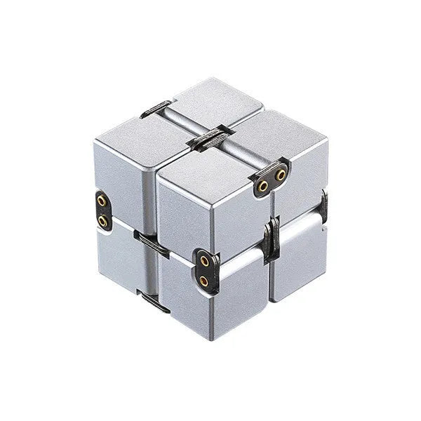 Black zinc alloy infinity cube fidget toy showing eight connected cubes.