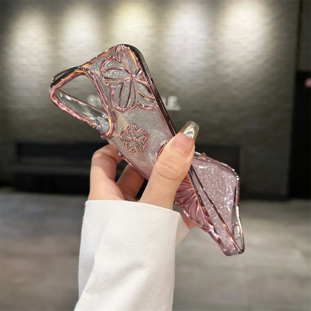 Electroplating glitter flower TPU soft shell phone case for Apple iPhone with silver pink blue black gold purple colour options