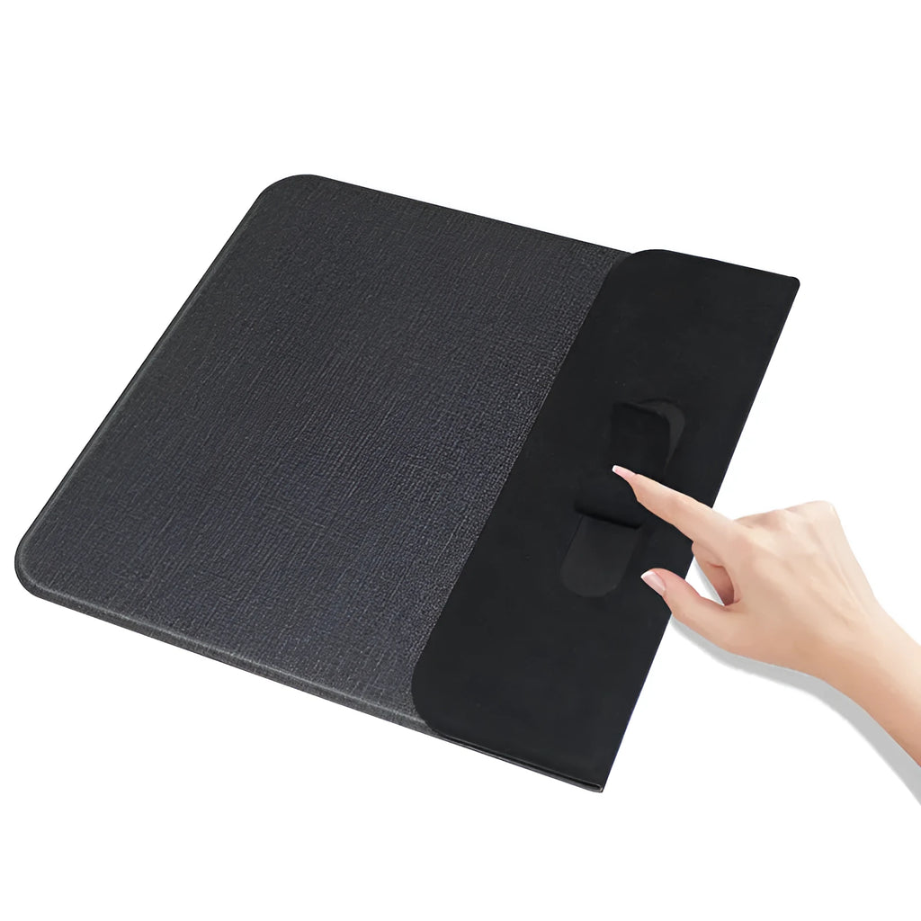 Black foldable cloth phone holder open and showing wireless charging pad.