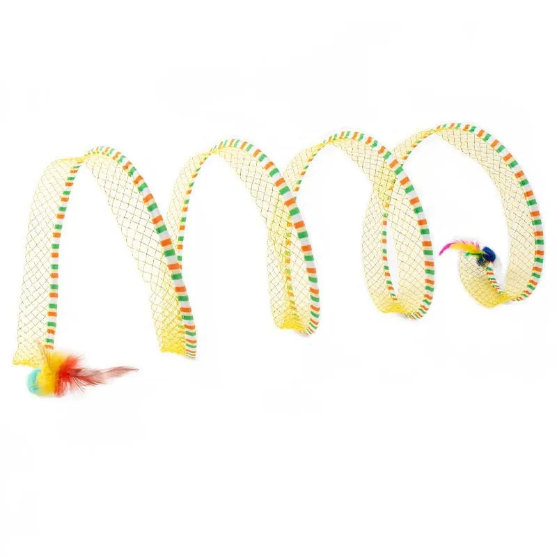 Blue and yellow cat toy set with fabric tunnel and long teasing stick with feathers