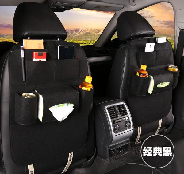 Multi-purpose auto seat organizer bag in wool felt, 33cm x 14cm x 5.5cm, black colour, on car seat back