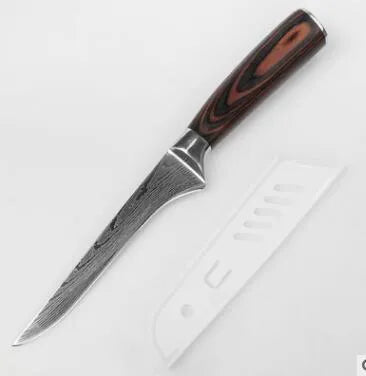 7Cr17 stainless steel kitchen knife with laser Damascus pattern blade and coloured wood handle