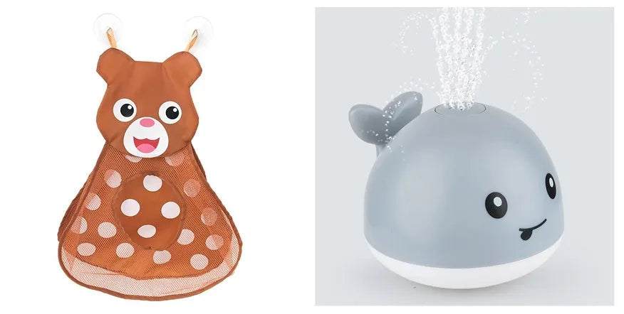 White and blue whale-shaped bath toy spraying water with LED lights on, floating in a baby bath