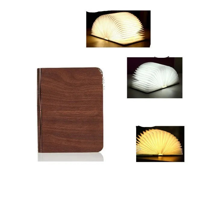 Solid wood book light in three sizes with USB cable showing white and warm white light options