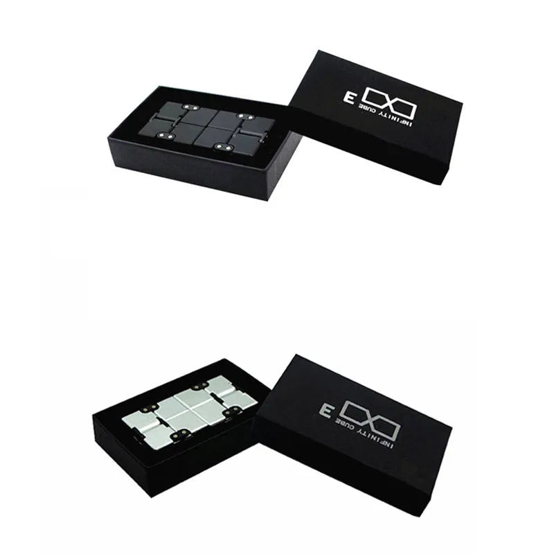 Black zinc alloy infinity cube fidget toy showing eight connected cubes.