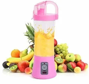 Blue handheld electric fruit juicer with USB charging port and 400ml capacity measurement