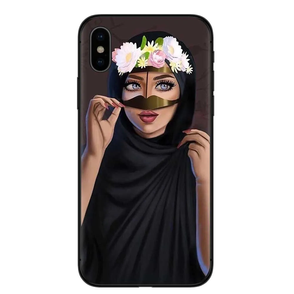 Islamic hijab veil design iPhone case with rhinestone and floral patterns on a flexible TPU back cover.