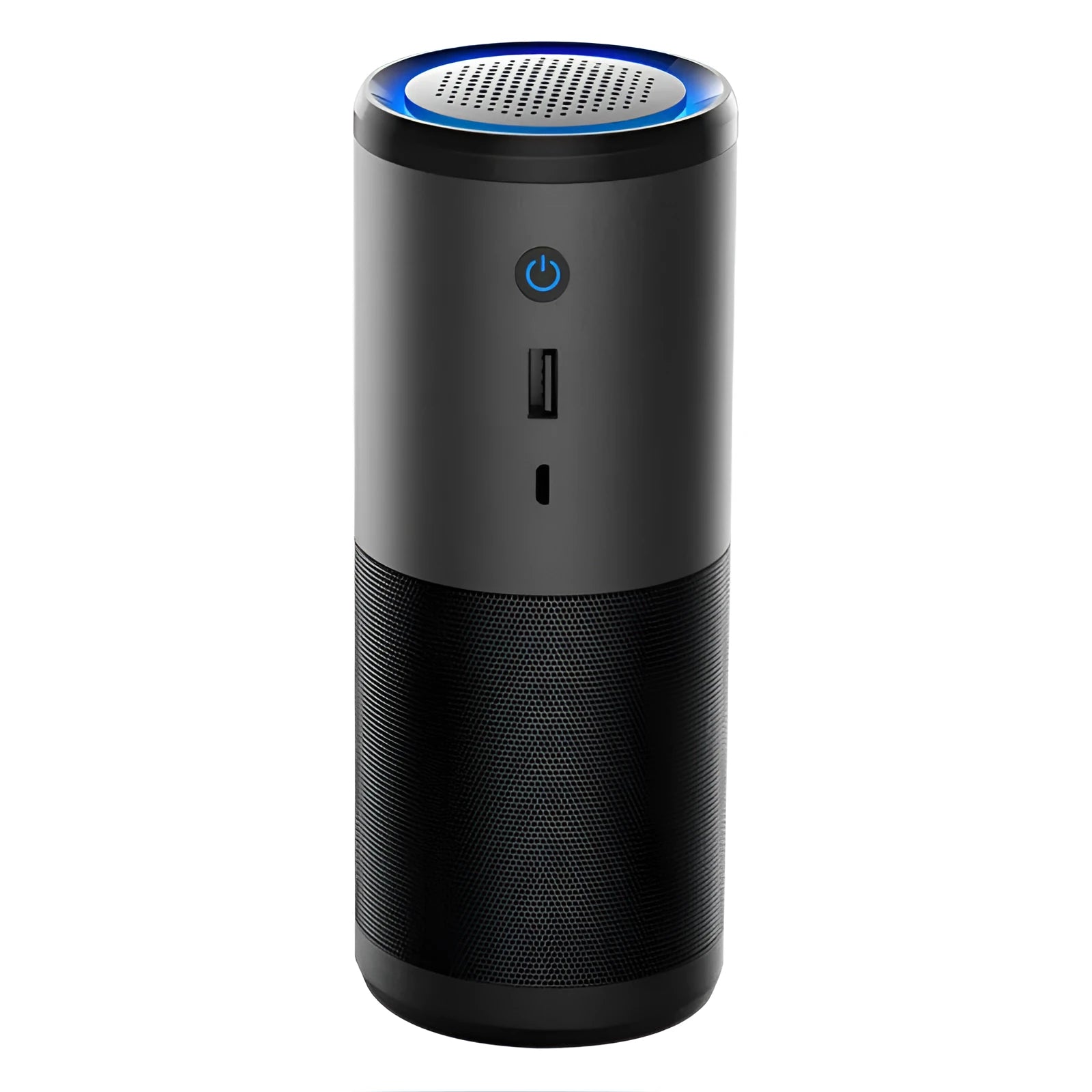 Black portable mini car air purifier with smart sensor display on metal housing