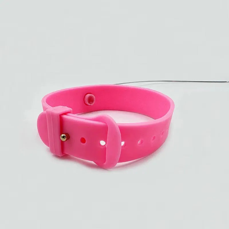 Adjustable cat collar toy with silicone teasing wand and feather attachment, showing blue and pink colour options