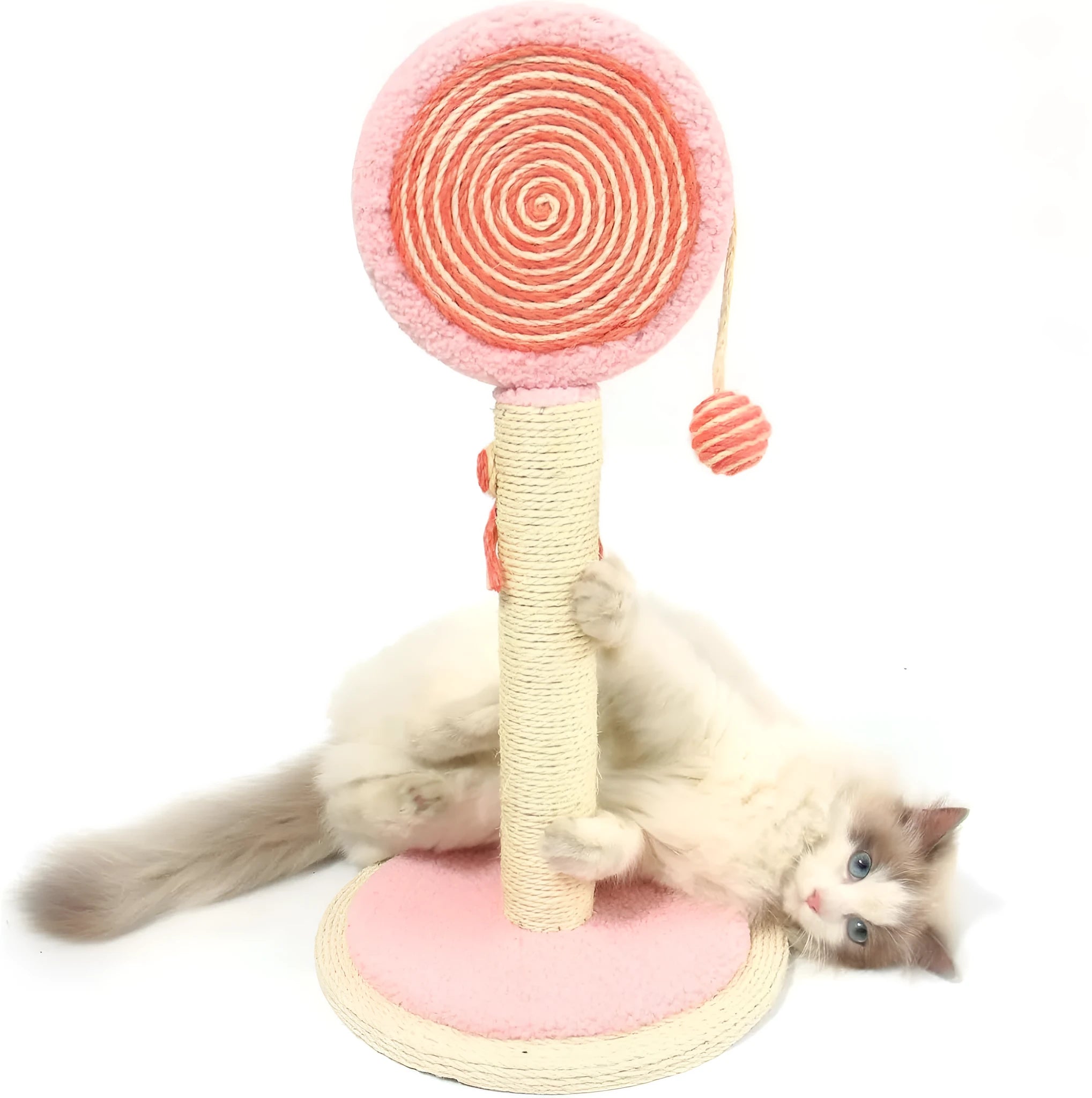 Blue cat scratching post with sisal rope and a hanging yellow ball on a sturdy wooden base.