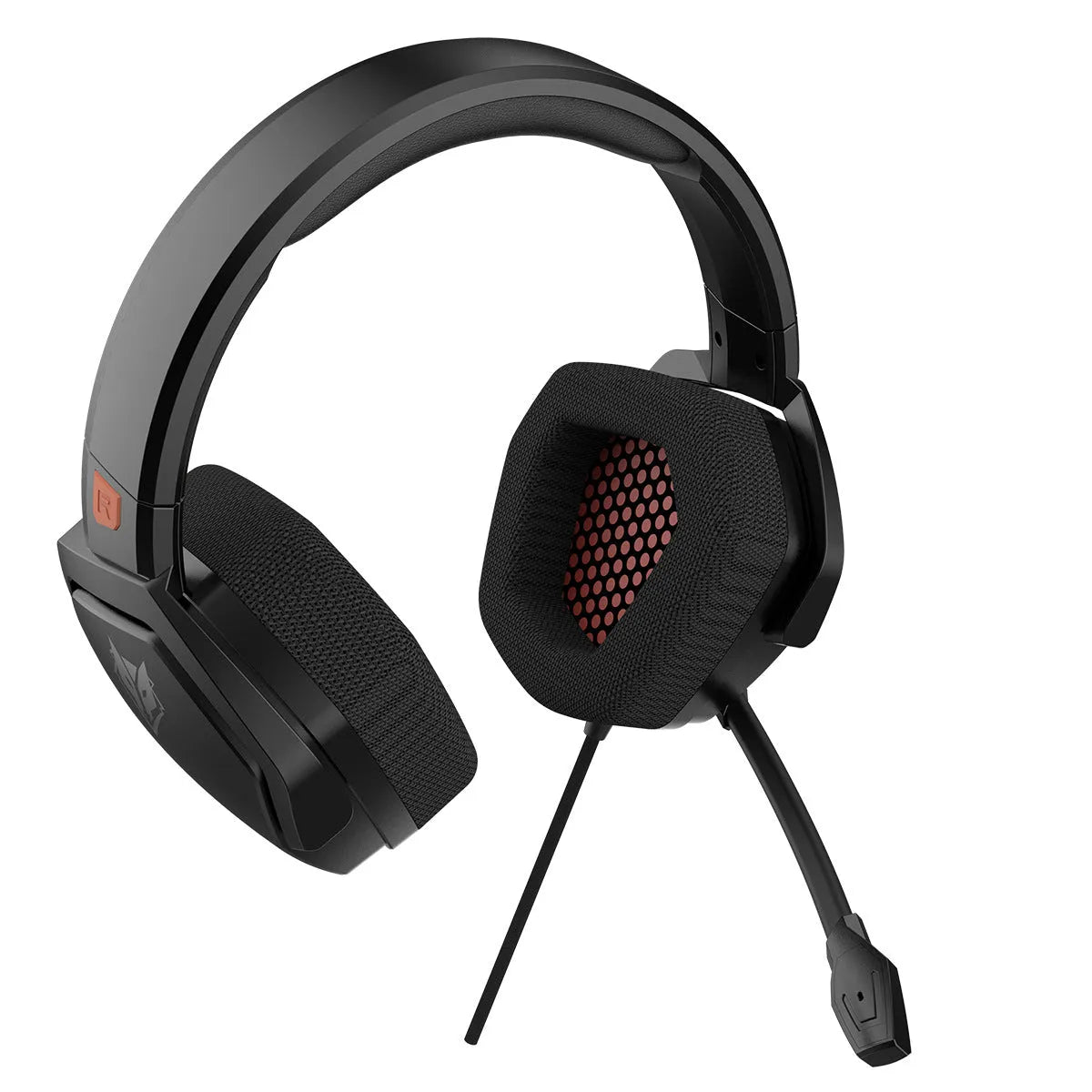 Wired esports gaming headset with chicken head design, artificial leather ear cushions, and braided cable