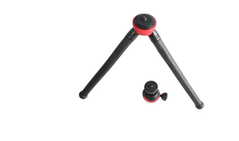 Black octopus tripod with eight flexible rubber legs and a spherical gimbal head for mounting cameras and phones.