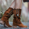 Woman square heel shoe booties in faux suede, black colour, side view