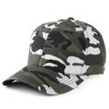 Camouflage baseball cap with wide brim and flat eaves in green colour on white background