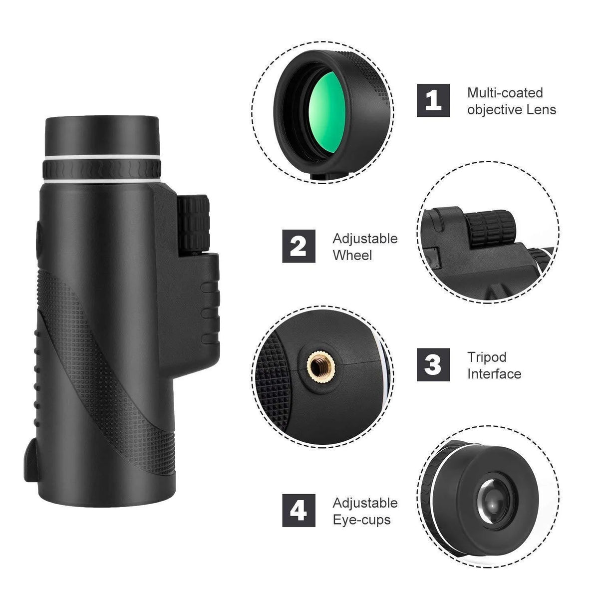 Black HD 40x60 cellphone telescope monocular with 40x magnification and FMC green film lens