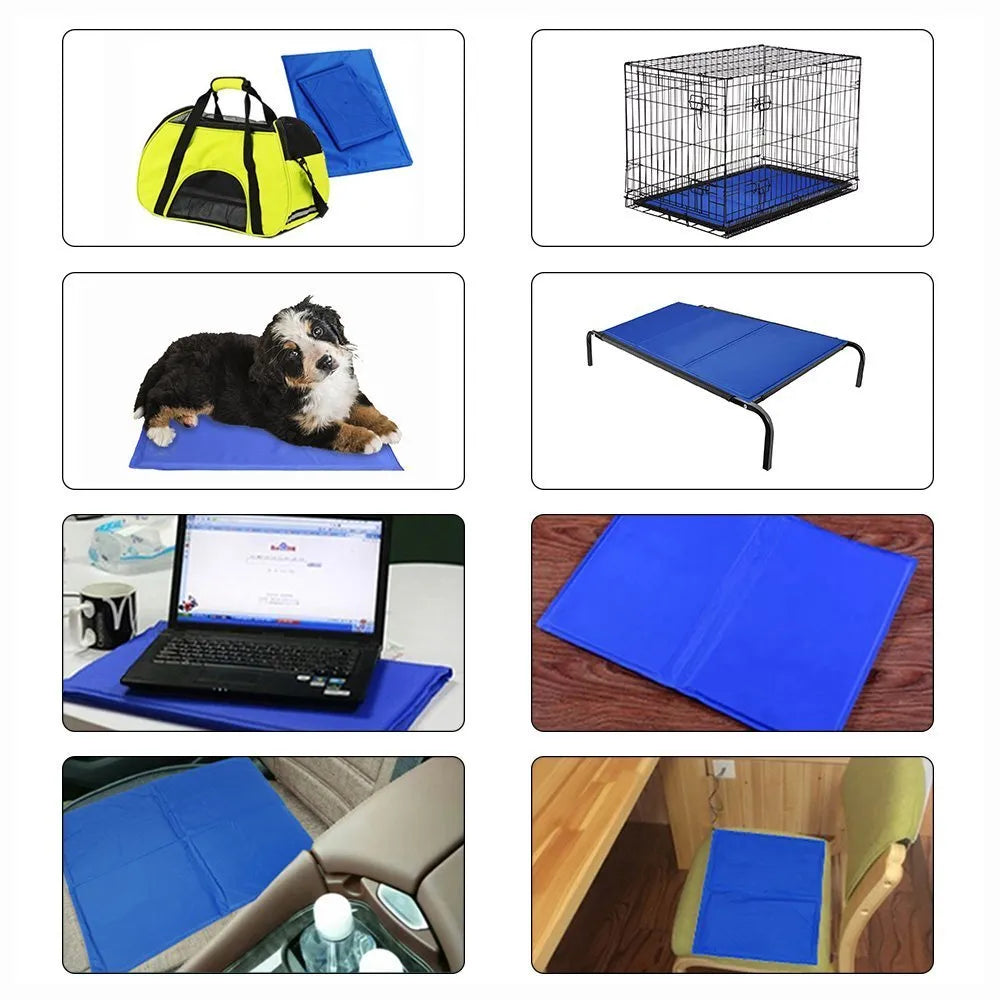 Blue dog cooling mat with ice crystal filling placed on a floor - pressure activated cooling pad for summer