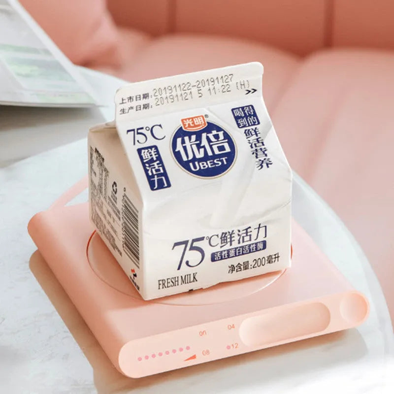 Pink and white USB-powered mechanical heating cup coaster with timing function