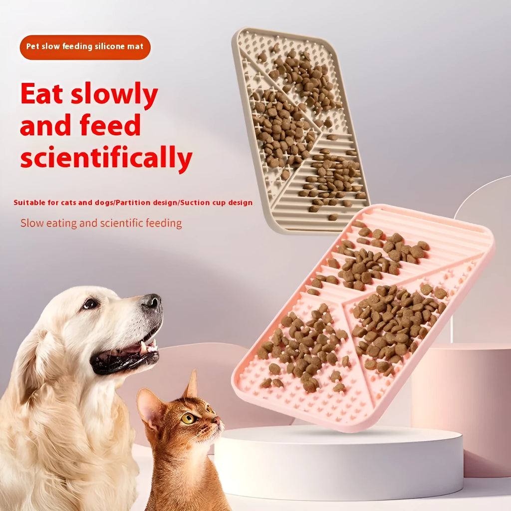 Silicone pet licking mat with textured surface and suction cup base in pink colour