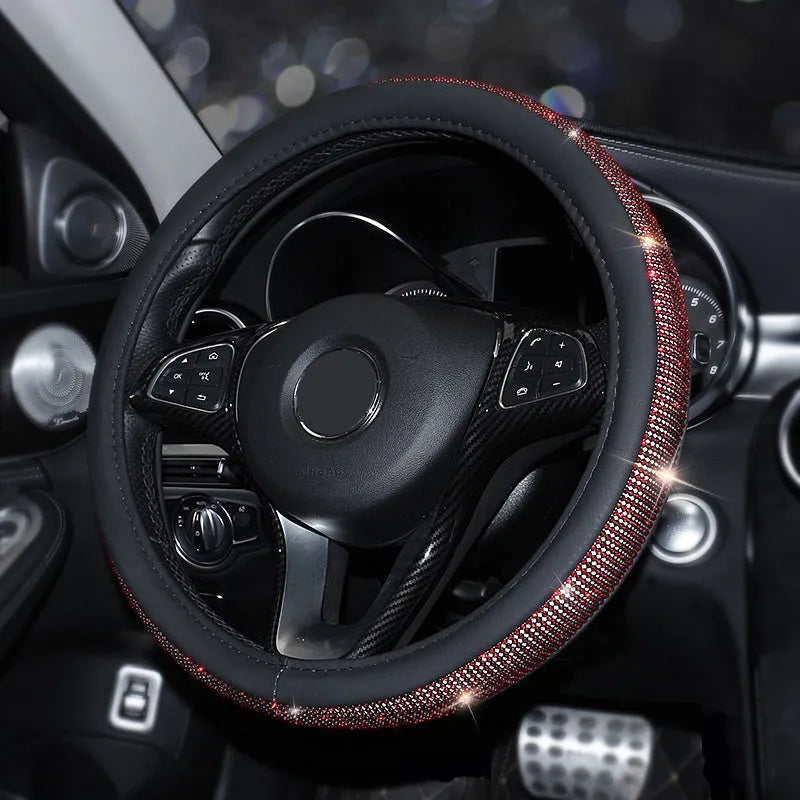 Rhinestone non-slip leather steering wheel cover for general motors 38cm diameter black with gold ring option