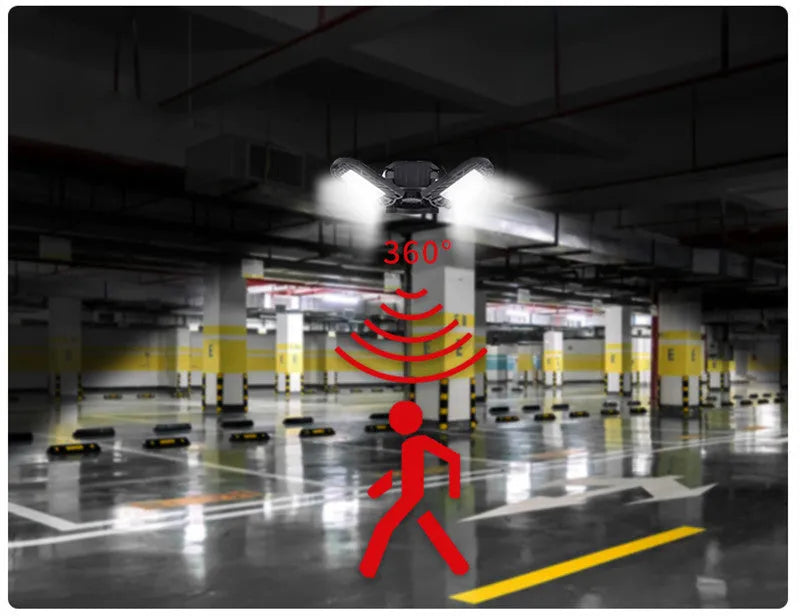 Silver 60W deformable LED garage light with adjustable heads, E27 base, and IP65 rating