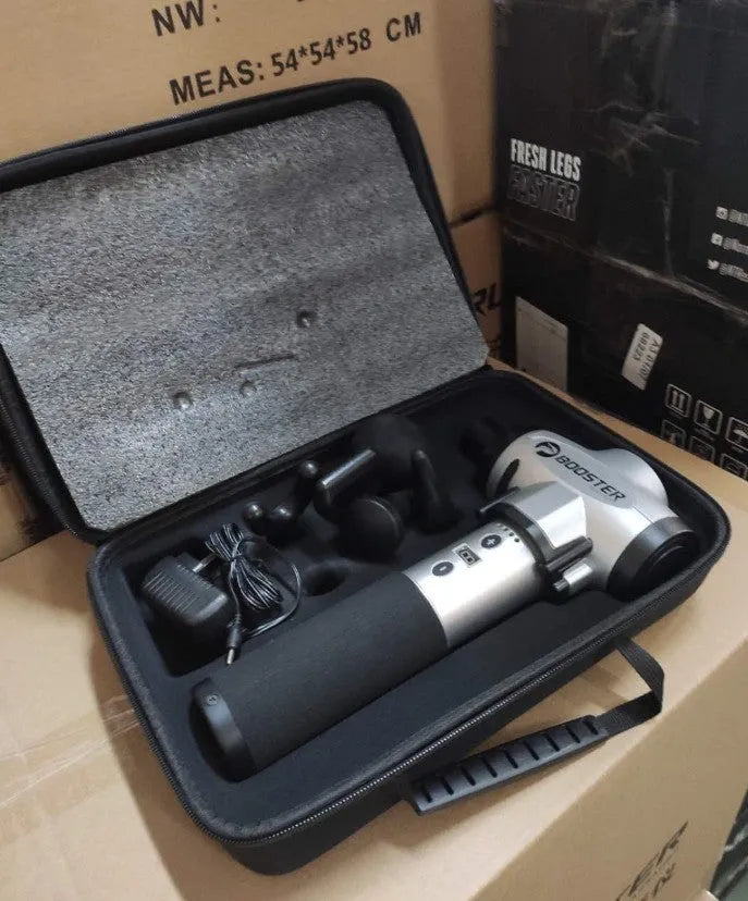 Black and white rechargeable muscle massager gun with adjustable speed settings.