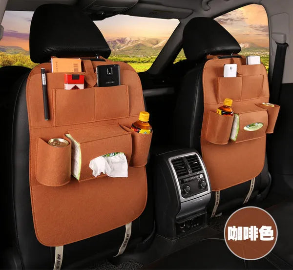 Multi-purpose auto seat organizer bag in wool felt, 33cm x 14cm x 5.5cm, black colour, on car seat back