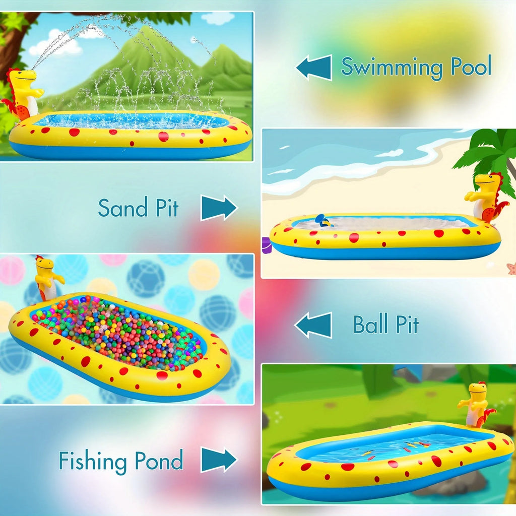 Blue inflatable dinosaur water spray pool with four water spray zones for children's outdoor play