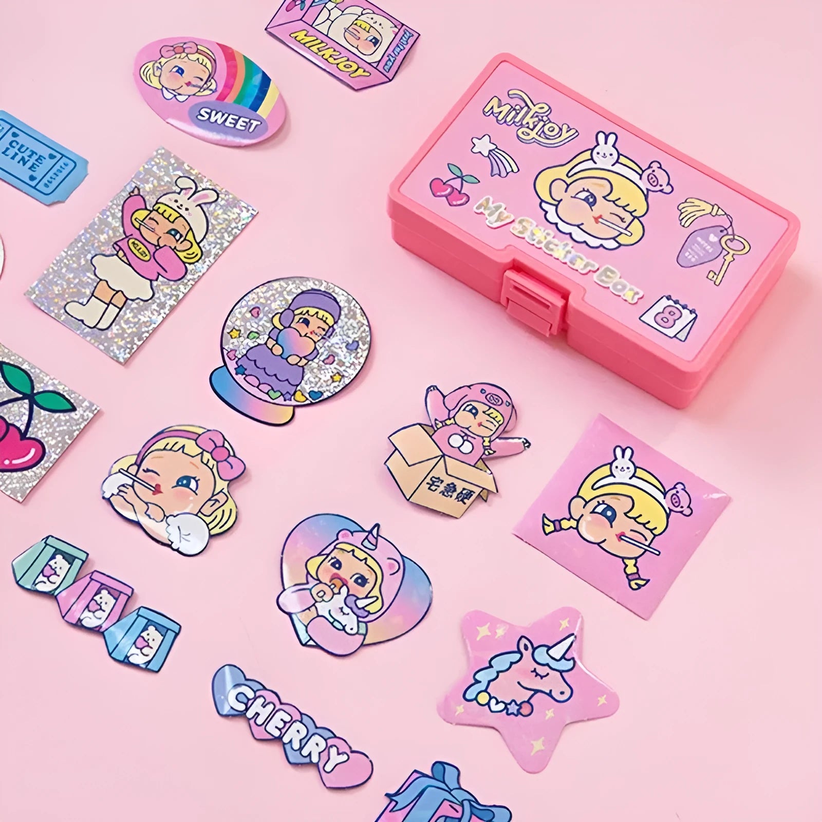 Cartoon sticker pack with 16 PVC stickers and storage box showing cute girl and heart designs