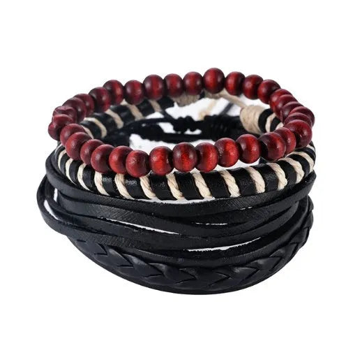 Handmade adjustable leather wrap bracelet with wooden beads on a wrist.
