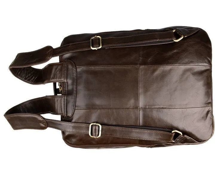 Top layer leather computer backpack in brown, fits 15 inch laptop, 29cm length 38cm height compact business daypack