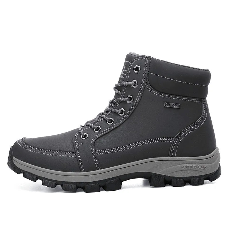 Men's black plush high top cotton shoes with imitation leather PU upper and rubber sole side view
