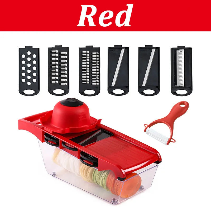 Multifunctional vegetable cutter with 7 stainless steel blades and wheat straw body in black, 31.8 cm