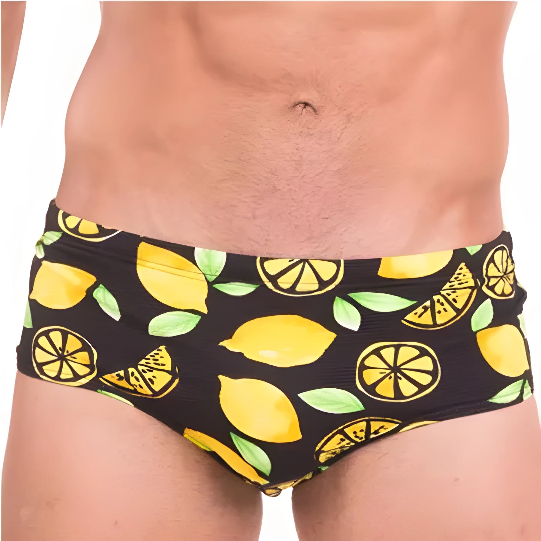 Men's spandex swim boxer briefs in photo colour, close-fitting design for beach or pool.