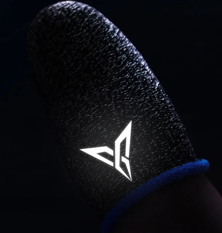 Green gaming thumb sleeve with a reflective logo, made from silver fibre yarn for sweat absorption.