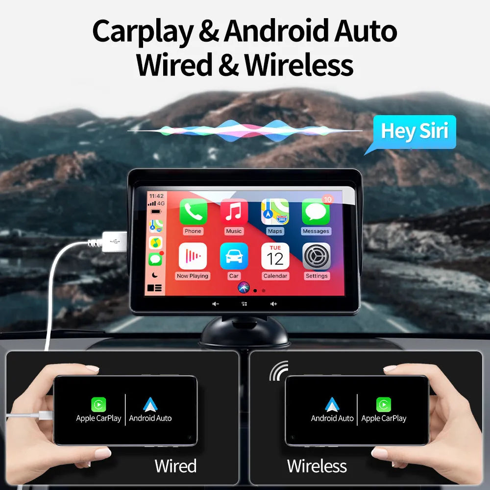 7 inch wireless CarPlay display for cars with a suction cup mount and 12V power cable.