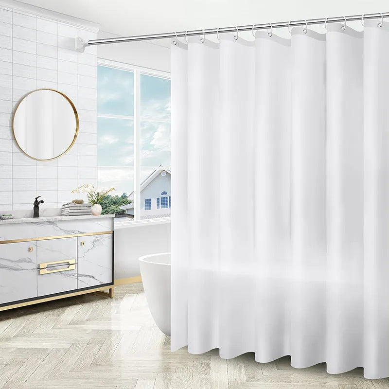 PEVA shower curtain with stainless steel buttonholes in a geometric pattern, available in multiple sizes and colours