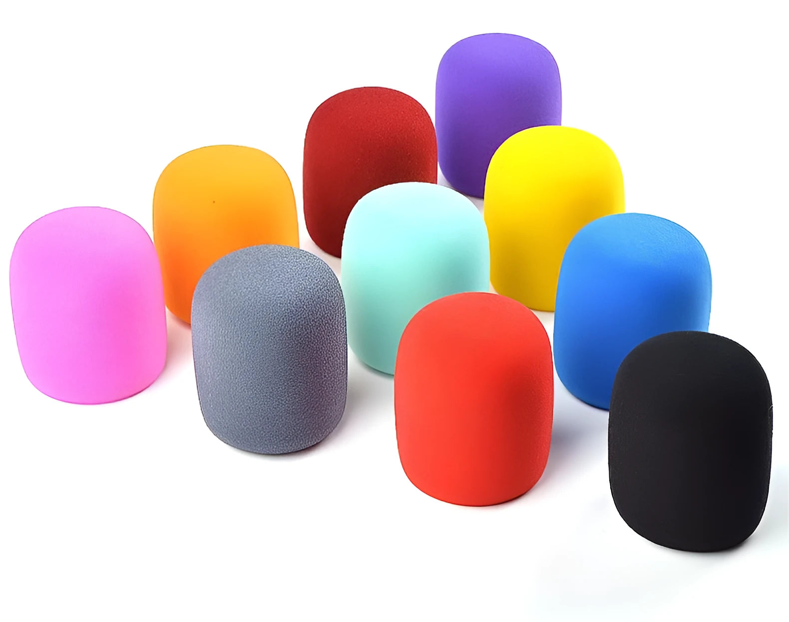 Four multicoloured foam microphone windshields for ball-shaped handheld stage microphones