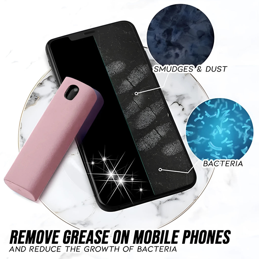 Portable screen cleaner bottle in blue and pink with attached microfiber cloth for cleaning phones and tablets