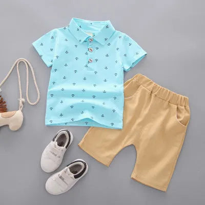 Children's blue cotton pullover pants suit with short sleeves for infant or toddler