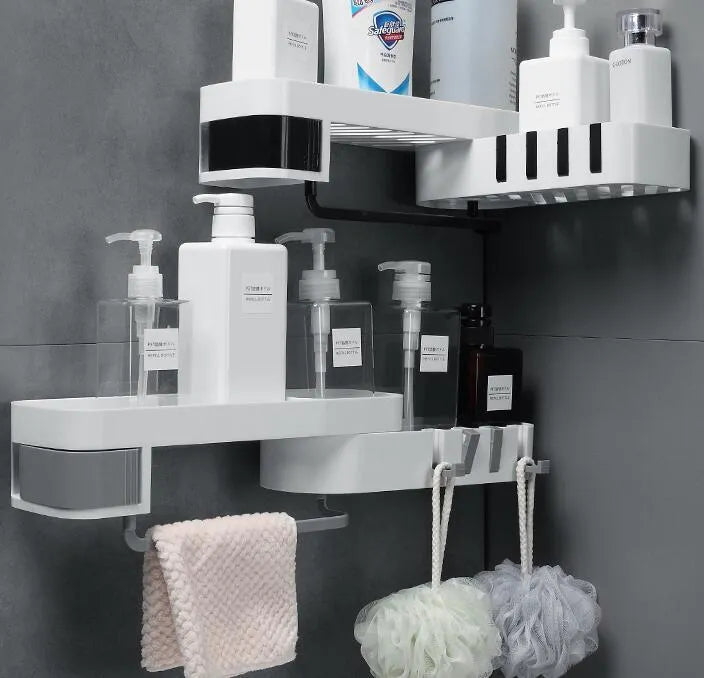 White and grey retro style bathroom corner shelf with suction wall mounting